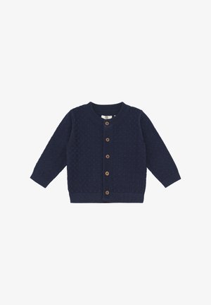 Cardigan bleu marine en tricot avec un motif texturé, un col rond et une fermeture à boutons en bois. Manches longues et poignets côtelés.