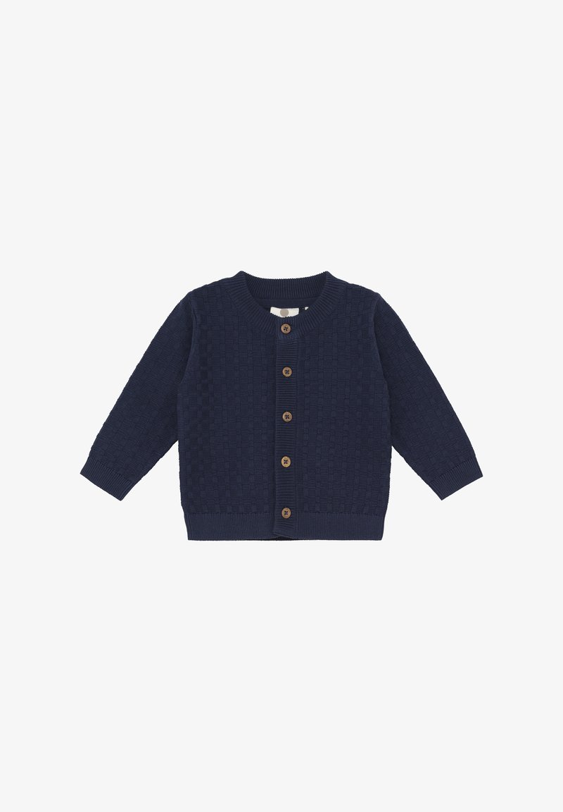 Cardigan bleu marine en tricot avec un motif texturé, un col rond et une fermeture à boutons en bois. Manches longues et poignets côtelés.