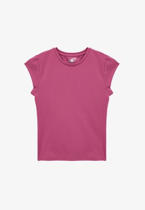Tætsiddende kortærmet t-shirt i livlig pink. Blød, glat tekstur med rund halsudskæring og let opfoldede ærmer. Ingen mønstre eller accenter.