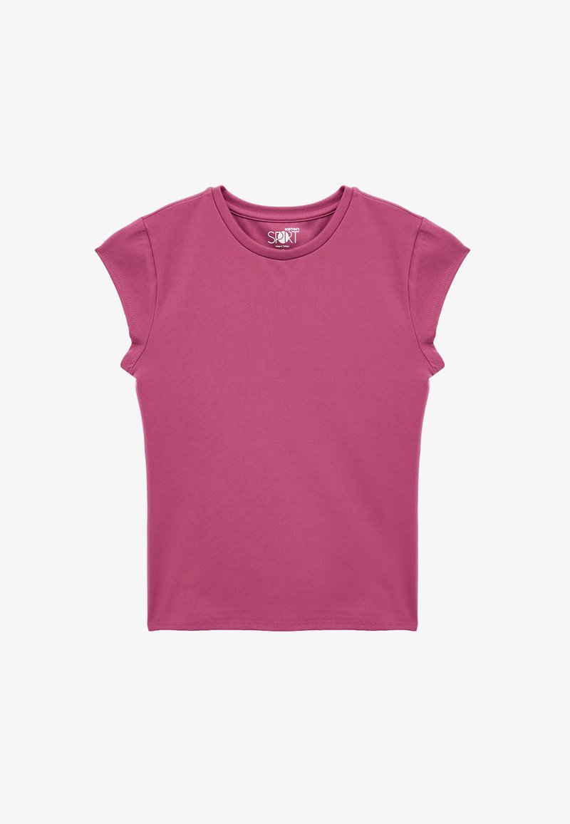Tætsiddende kortærmet t-shirt i livlig pink. Blød, glat tekstur med rund halsudskæring og let opfoldede ærmer. Ingen mønstre eller accenter.