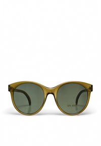 Lunettes de soleil vert olive avec monture ronde, en plastique transparent, dotées d'une protection UV 400 et de branches noires fines.