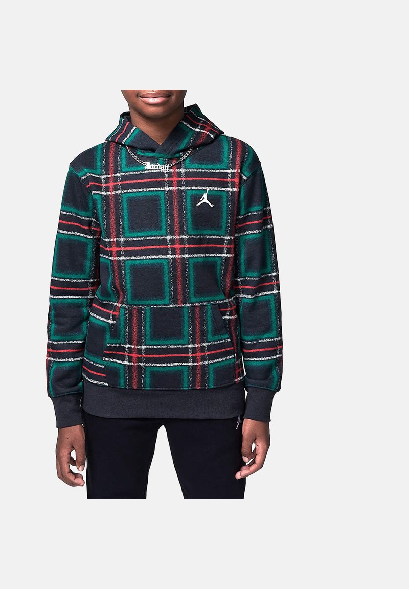 Felpa con cappuccio in pattern a quadri verdi, neri e rossi. Presenta una tasca frontale, cappuccio con corde di regolazione e logo bianco. Texture del tessuto morbida.