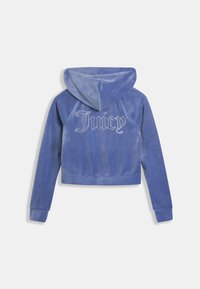 Kék velúr kapucnis felső, rövidített fazonban, hátul "Juicy" felirattal, strassz kövekkel díszítve, bordázott mandzsettákkal és szegéllyel. Puha tapintású anyag.