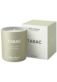 Duftkerze in einem matten, hellgrünen Behälter mit weißem Innenraum. Begleitet von einer quadratischen Box mit schwarzem Text und Logo.