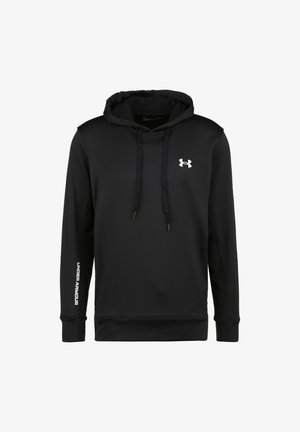 Mustat hupullinen collegepaita, joka on tehty pehmeästä kankaasta. Paidassa on edessä kengurutasku, nyörit ja valkoinen "Under Armour" -logo hiassa.