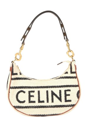 Petit sac à main tissé couleur crème avec des rayures horizontales noires, grand texte "CELINE", bordure marron et bandoulière en cuir foncé amovible avec fermoirs dorés.