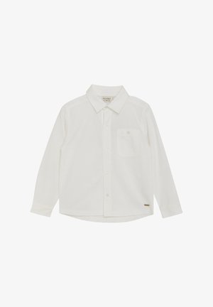Witte blouse met lange mouwen en een kraag, enkele borstzak en knoopsluiting aan de voorkant. Heeft een subtiele textuur en een kleine metalen accent.