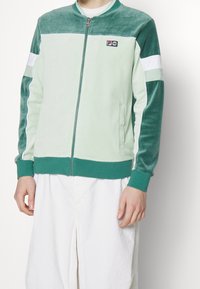 Zielona welurowa kurtka na suwak z białymi akcentami, prążkowanymi mankietami oraz naszywką z logo na piersi. Charakteryzuje się gładką fakturą i sportowym designem.