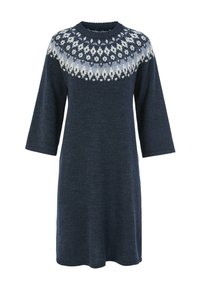 Strickkleid in Dunkelblau mit rundem Ausschnitt und drei Viertelärmeln. Präsentiert einen hellgrauen und weißen gemusterten Einsatz. Weiche Textur.