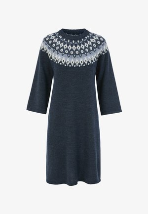 Strickkleid in Dunkelblau mit rundem Ausschnitt und drei Viertelärmeln. Präsentiert einen hellgrauen und weißen gemusterten Einsatz. Weiche Textur.