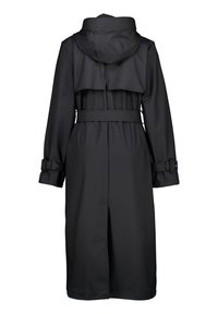 Black trench coat with hood, featuring a belted waist, oversized back flap, and buckle accents on sleeves. Smooth, waterproof fabric.