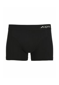 Black boxer shorts made of soft material with a snug fit, featuring a solid color, flat seams, and a waistband with a logo detail.