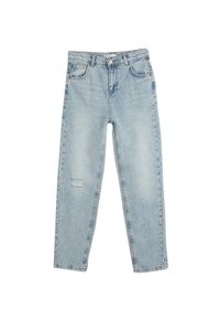 Jeans de denim azul claro con un ajuste relajado, con detalle de rodilla desgastada, diseño de cinco bolsillos y una cinturilla estándar con pasadores para cinturón.