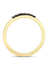 Goldring mit einer Reihe von schwarzen Edelsteinen, die in einer Krappenfassung entlang der oberen Kante eingelegt sind, mit glatter Oberfläche und runder Form.