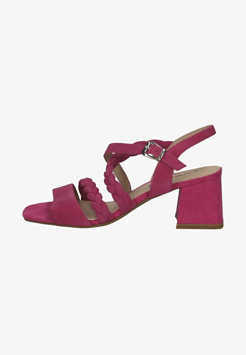 Rosa Wildleder-Absatzsandalen mit geflochtenem Riemendesign, offener Zehenpartie, Knöchelverschnallung und Blockabsatz. Schlichte und moderne Struktur.