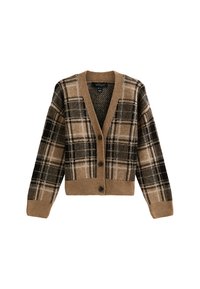 Cardigan à carreaux marron et noir avec un col en V, des manches longues et des boutons noirs, doté d'ourlets côtelés et d'une texture tricotée confortable.