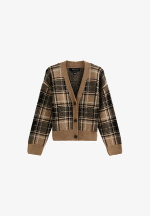 Cardigan à carreaux marron et noir avec un col en V, des manches longues et des boutons noirs, doté d'ourlets côtelés et d'une texture tricotée confortable.