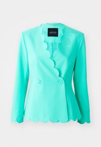 Turquoise blazer met golfrand kraag, getailleerde pasvorm, dubbele knoopsluiting, lange mouwen en een gladde stofstructuur.