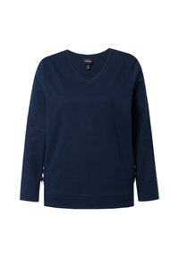 Marineblaues Langarmoberteil mit V-Ausschnitt, weichem Stoff, seitlichen Akzenten und lockerer Passform, mit dezentem Kontrastdetail am Saum.