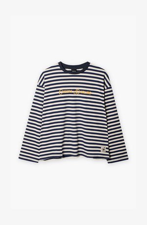 Navy and cream striped long-sleeve shirt with a round neckline and text "Cheers, Darling" in gold. Includes a small logo patch at the hem.