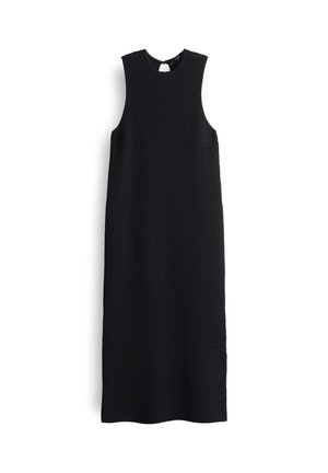 Black sleeveless dress with a round neckline and textured fabric, extending to knee length, featuring a keyhole opening at the back.