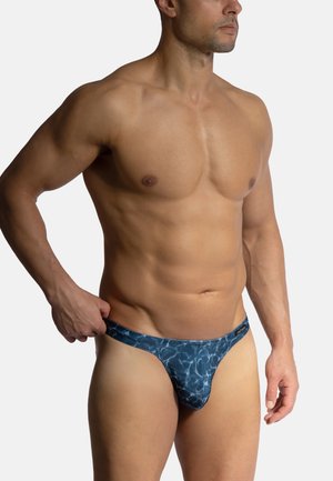 Badebekleidung mit blauem Wasserdesign aus dehnbarem Stoff, mit einem tief sitzenden Schnitt und glatter Textur.