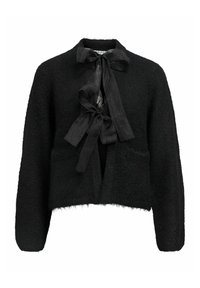 Černý svetr s texturou, s cropped designem, otevřeným předním dílem a saténovou stuhou na krku.