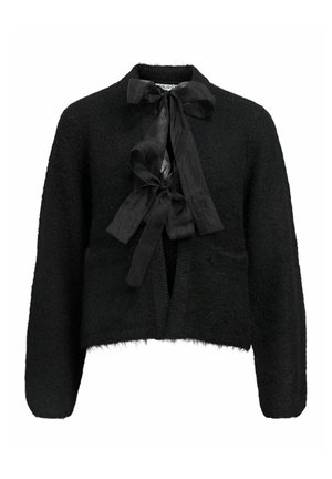 Schwarzer Pullover mit strukturiertem Finish, mit einem cropped Design, offenem Vorderteil und einem Satinband zum Binden am Ausschnitt.