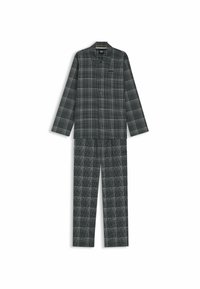 Schwarz-graues kariertes Langarm-Button-Up-Pyjama-Oberteil, kombiniert mit passenden geraden Pyjama-Hosen, auf einem weißen Hintergrund.