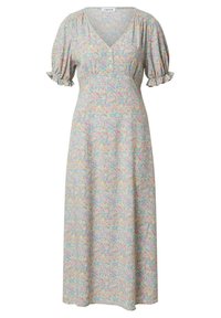 Robe midi fleurie avec manches courtes bouffantes, encolure en V, détail de boutons sur la poitrine et une jupe légèrement évasée dans des couleurs pastel douces.