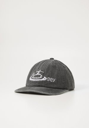 Gray cotton cap with an adjustable fit, featuring white embroidered logo and lettering on the front. Soft texture and curved brim design.