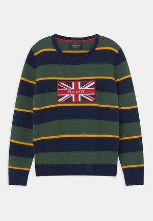 Gebreide trui met groene, marineblauwe en gele strepen. Heeft een centraal label met een Union Jack en de tekst "HACKETT". Ronde halslijn.