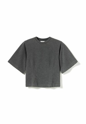 Koksgrå, kortærmet, cropped T-shirt med rund hals, strukturerede syninger og en afslappet pasform, lagt fladt på hvid baggrund.