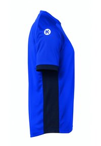 Blauw sportshirt met korte mouwen en een zwart zijpaneel. Gemaakt van lichte stof, met een ronde halslijn en een logo op de bovenste mouw.