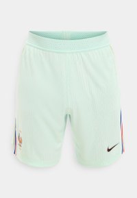 Pantaloncini sportivi verde menta chiaro con fascia in vita traforata, strisce con i colori della bandiera francese sui lati, logo Nike sulla gamba destra e emblema del gallo francese sulla gamba sinistra.