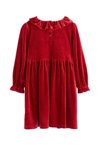 Czerwona aksamitna sukienka z falbaniastym kołnierzykiem, długimi rękawami i marszczonym wcięciem w talii. Posiada zapięcie na guzik u szyi oraz elastyczne mankiety.