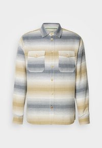 Gewebtes Hemd mit karierter Musterung in Marineblau, Grau und senfgelben Streifen, mit Knopfverschluss vorne und zwei Brusttaschen.