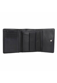 Portafoglio in pelle nera con scomparti per più carte, un comparto per denaro contante e una chiusura a pulsante. Texture liscia con un logo brandizzato discreto all'interno.