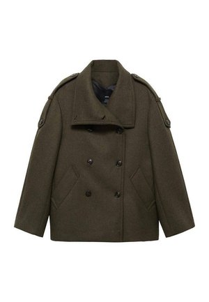 Ciemnooliwkowy wełniany płaszcz dwurzędowy z szerokim kołnierzem, zapinanymi na guziki pagonami na ramionach i skośnymi przednimi kieszeniami.