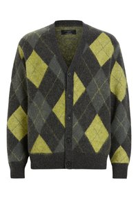 Cardigan grigio con un motivo argyle composto da diamanti gialli e verde scuro, scollo a v e chiusura con bottoni. Texture morbida.