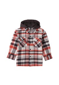 Camicia di lana a quadri in rosso, nero e bianco. Presenta un cappuccio marrone, due tasche sul petto con chiusura a bottoni e una chiusura frontale con bottoni.