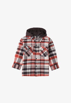 Kariertes Wollhemd in Rot, Schwarz und Weiß. Mit einer braunen Kapuze, zwei Brusttaschen mit Knopfverschluss und durchgehender Knopfleiste.