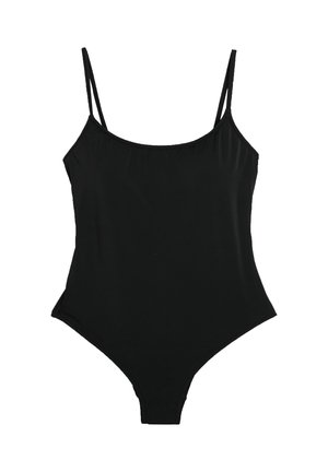 Zwart eendelig badpak met dunne dubbele schouderbandjes en een ronde halslijn, plat weergegeven op een witte achtergrond.