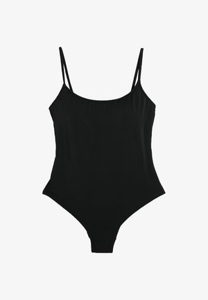 Maillot de bain une pièce noir avec fines bretelles doubles et encolure arrondie, présenté à plat sur fond blanc.