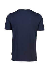 Camiseta de manga corta azul marino lisa mostrada desde la parte de atrás sobre un fondo blanco.