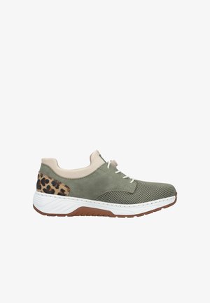 Olive green sneaker with beige collar, white laces, mesh toe, leopard print heel patch, white midsole, and brown textured outsole.