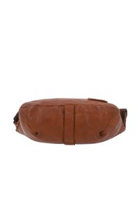 Brown leather shoulder bag with a soft texture, rectangular shape, and a single top zipper. Features a fabric shoulder strap for ease of carrying.