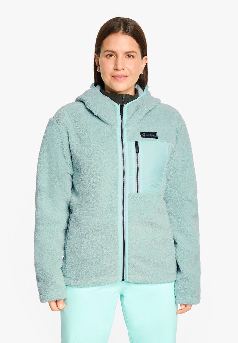 Fleece hooded jacket in light blue with a textured exterior, featuring a zippered pocket and contrasting smooth fabric on the front placket.