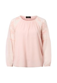 Lichtroze blouse met semi-doorzichtige lange mouwen, geplooide halslijn en bloemenborduurwerk op de mouwen. Zachte stof en losse pasvorm.