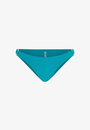 Tyrkysové bikiny s hladkého materiálu, které mají na bocích nařasené akcenty se zlatým kováním. Jednoduchý design, převážně jednobarevné.